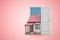 3d rendering of open door on pink gradient background and little detached house standing in doorway.
