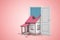 3d rendering of open door on pink gradient copyspace background and little house with big hole in roof standing in