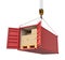 3d rendering of open red cargo container full of cardboard packages, suspended from crane, isolated on white background.