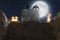 3d rendering of open tomb in front of old gravestone and full moon light. Concept Halloween