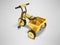 3D rendering of an orange childrens tricycle for child rear view on gray background with shadow