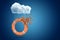 3d rendering of orange lifebuoy ring shattering into pieces under white cloud on blue background