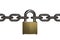 3D rendering from a padlock between two iron chains, isolated on white