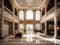 3D rendering of a palatial mansion\\\'s foyer featuring a sweeping marble staircase, crystal chandelier, and grand piano