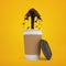 3d rendering of paper coffee cup with coffee gushing out on yellow background