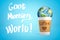 3d rendering of paper coffee cup with earth globe inside and `Good morning, world` sign on blue background.