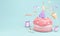 3D Rendering of pastel birthday cake party with candle number 4 with copy space on blue background.