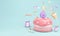 3D Rendering of pastel birthday cake party with candle number 6 with copy space on blue background.
