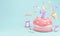 3D Rendering of pastel birthday cake party with candle number 7 with copy space on blue background.