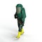 3D rendering of a person in a green hazmat suit carrying a gun