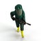 3D rendering of a person in a green hazmat suit carrying a gun