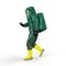 A 3d rendering of a person wearing a green hazmat suit walking on a white background