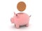 3D Rendering of piggy bank with coin above it