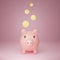 3D Rendering. Piggy bank with falling golden coins on the pink scene. The concept of saving or save money or open a bank deposit