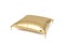 3d rendering of a pillow made of golden fabric with gold trim and intricate tassels.