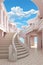 A 3d rendering of a pink building with stairs. Generative AI image.