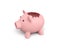 3d rendering of a pink ceramic piggy bank with a broken top on white background.