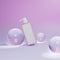 3D rendering pink lotion headpump bottle on violet gradient background with crystal ball