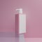 3D rendering pink lotion headpump bottle with white label on pink background