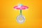 3d rendering of pink metal UFO carrying big silver gear wheel on yellow background