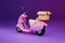 3D Rendering pink motor scooter with box in purple background for delivery order