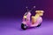 3D rendering pink motor scooter with box in purple background for delivery order