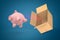 3d rendering of pink piggy bank flying out of cardboard box on blue background