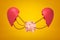 3d rendering of pink piggy bank suspended on chains between two parts of broken heart on yellow background.