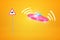 3d rendering of pink UFO which is about to land next to special `UFO` road sign on amber background.