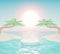3d rendering podium on the separate sea with bright sun and palm tree on island. Sunscreen cream and moisturizer cream product con