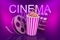 3d rendering of popcorn bucket with a movie film roll and a clapper under a word CINEMA on a purple background.