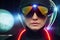 3D rendering Portrait of a futuristic sci fi female wearing a tactical jump suit and a science fiction visor