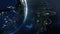 3d rendering. Powerful spacestation with city lighted earth globe