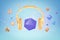 3d rendering of purple icosahedron floating between earcups of golden headphones on light blue background with other