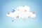 3d rendering of random geometric objects on white cloud on blue background