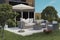 3d rendering of rattan furniture and rusty firebowl at garden