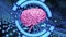 3D rendering Realistic Brain made of particles Rotating with Light Pink tinted on Blue Abstract HUD and Particles field Background