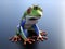 3D rendering of a realistic red-eyed tree frog wearing crown.