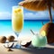3D Rendering Realistic Summer Fresh Lemonade Cocktail With Coconut And Sea Beach Background