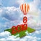 3d rendering of red 2019 digits standing on a patch of green lawn floating among clouds in blue sky and a hot air