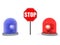 3D Rendering of red and blue emergency lights and stop sign