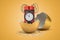 3d rendering of red dynamite stick time bomb hatching out of golden egg on yellow background