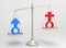 3d rendering. Red female and blue male gender sign on silver balance scale which man side is Heavy then woman side. unequal or gen