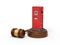 3d rendering of red filling station on round wooden block and brown wooden gavel