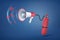 3d rendering of a red fire extinguisher with a hose attached to a megaphone with strange sounds flying out of it.