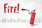 3d rendering of red foam portable fire extinguisher with red `Fire` sign on white city skyscrapers background