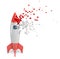 3d rendering of red and grey toy space rocket starting to dissolve into pieces on white background.