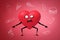 3d rendering of red heart with arms, legs and scared cartoon face, with 2D junk food around it on red background.