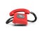 3d rendering of a red retro phone with a round rotary dial that rings with the phone itself and the handle lifted up