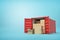 3d rendering of red shipping container filled with cardboard boxes on blue background